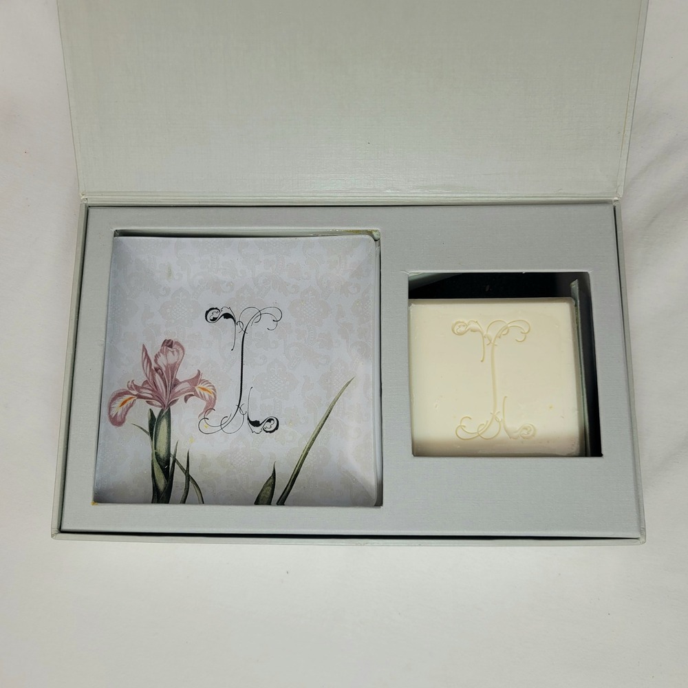Fringe Studio Monogram I Glass Tray and Blackberry Currant Soap Gift Set Box